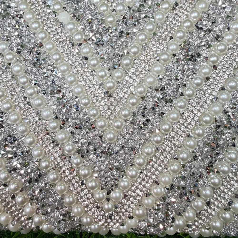 Evening Clutch Womens OS Silver‎ Excellent Pearl Rhinestone Chevron Bag